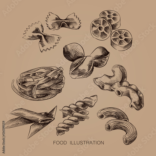 Set of italian pasta sketches isolated on old paper background. hand drawn fusilli, conchiglie, farfalle, chifferi, ruote, penne, crown, fettuccine sketch elelments. Vintage collection of noodle.