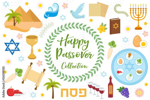 Passover icons set. flat, cartoon style. Jewish holiday of exodus Egypt. Collection with Seder plate, meal, matzah, wine, torus, pyramid. Isolated on white background Vector illustration