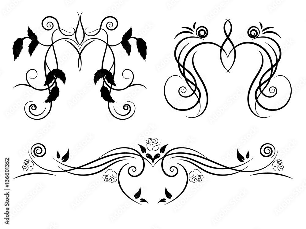 Set of black and white floral ornament for design. Tattoo floral ornament.