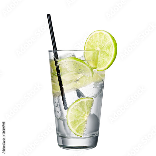 gin and tonic with lime isolated on white background