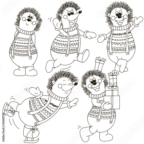 Set of hedgehogs in sweaters.