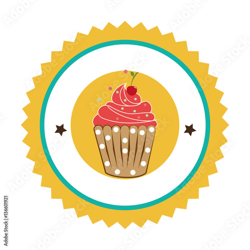 circular border with cupcake with cream and cherry vector illustration