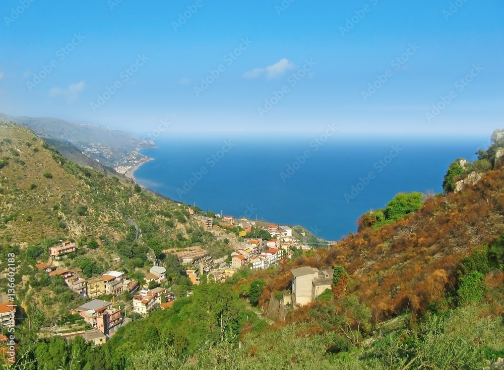 Seashore view from the mount Letojanni Sicilia Italy