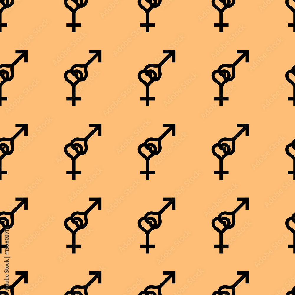 Seamless pattern. Female and male romantic collection. Female and male small black heart signs same sizes. Pattern on orange background. Gender icons. Vector illustration Seamless pattern. Female and male romantic collection. Female and male small black heart signs same sizes. Pattern on orange background. Gender icons. Vector illustration