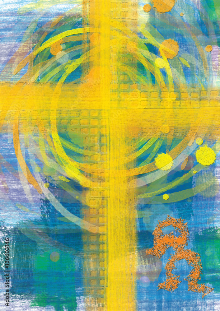 Obraz premium Yellow cross on blue background, christian religious abstract artistic design