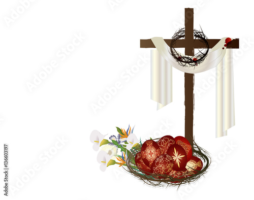 Easter resurrection background with a cross, crown of thorns, flowers photo