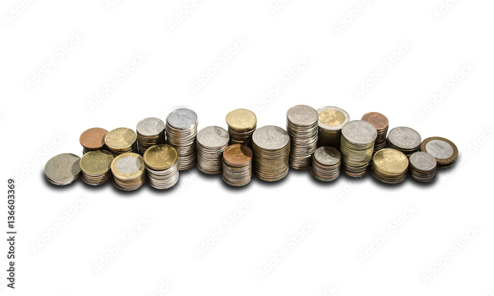 Large group of shiny piles of coins from above Large group of shiny piles of coins from above