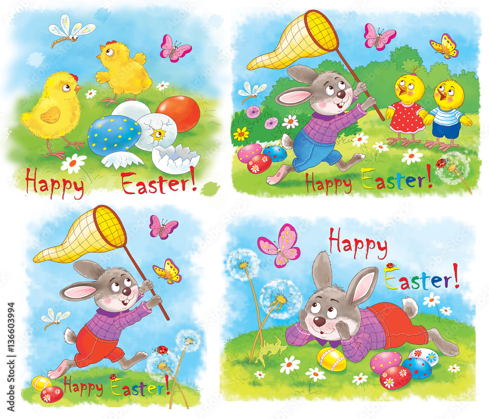 Obraz Four greeting cards with cute chicks and rabbits. Illustration for children. Funny cartoon characters