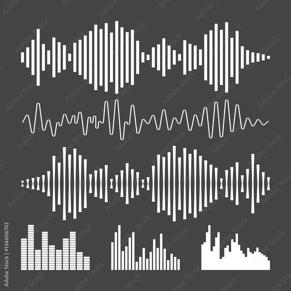 Vector sound waveforms icon. Sound waves and musical pulse vector illustration on black background.