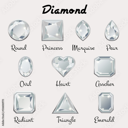 Set of different types of cuts of precious stone Diamond in realistic shapes in white color with silver edging. Vector illustration