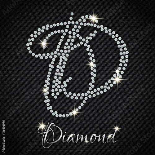 Calligraphic letter D from realistic crystals with sparkles of precious stone Diamond on black denim background. Vector illustration