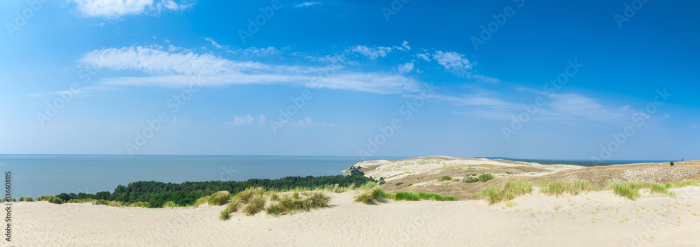 Panoramic view on dunes of the Curonian spit. This place to the highest drifting sand dunes in Europe. Nida, Lithuania.