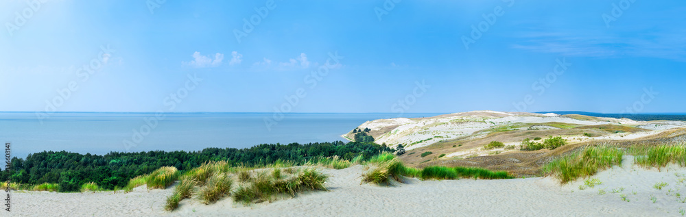 Panoramic view on dunes of the Curonian spit. This place to the highest drifting sand dunes in Europe. Nida, Lithuania.