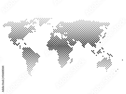Black halftone world map of small dots in diagonal arrangement. Bilinear horizontal gradient. Simple flat vector illustration on white background.