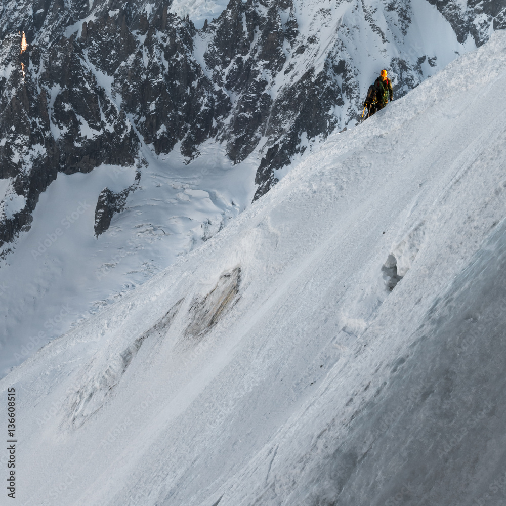 Climbers ascending way up to Aiguille du Midi with details of Ai