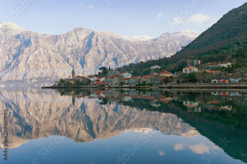Kotor Bay near the seaside village Stoliv in the winter. Montenegro