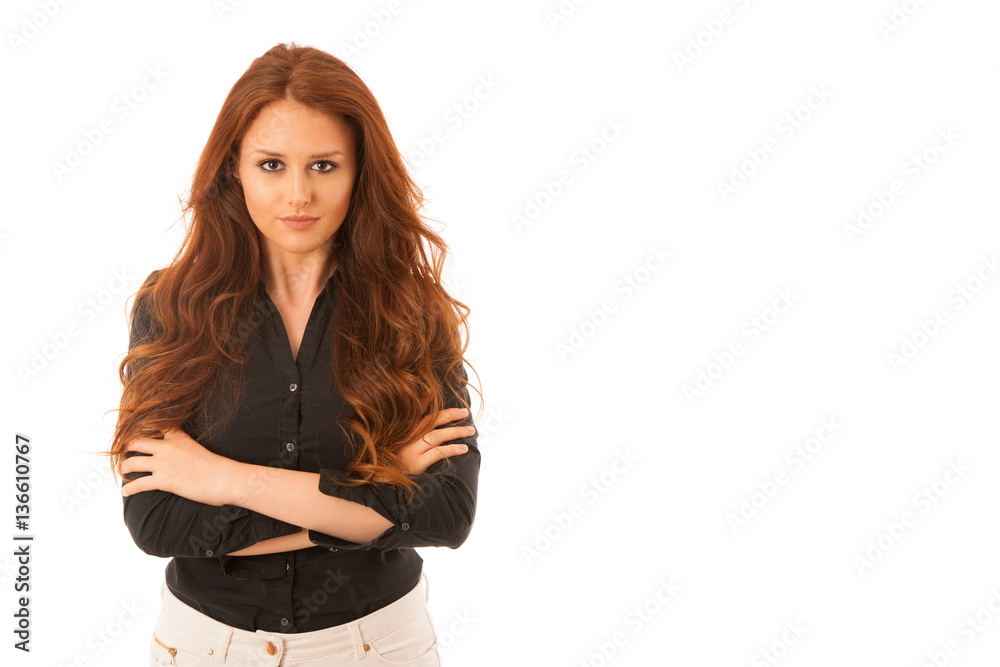 Attractive confident business woman with brown hair standing iso Attractive confident business woman with brown hair standing iso