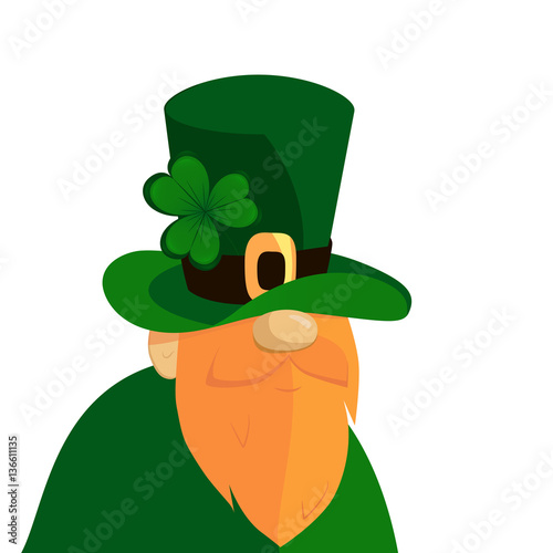 Happy St. Patrick's Day lettering with Beared Leprechaun Character and clover shamrock. Traditional Irish hollyday template design.