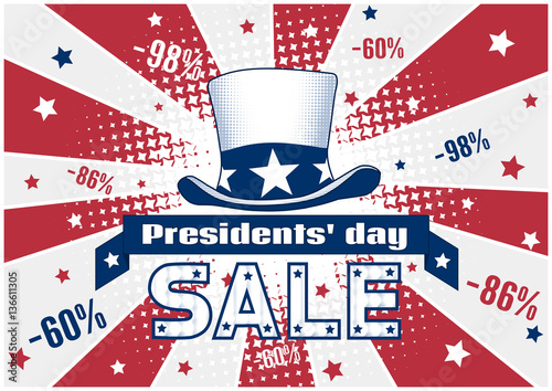 Presidents day discount flyer, card, banner or poster template, with Uncle Sam's top hat, text on a ribbon & a big SALE word, background with stars & red ray stripes with halftone effects & patterns
