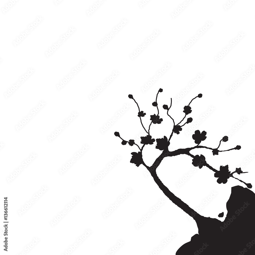 Japanese Sakura. Silhouette of cherry tree on a cliff. Isolated on white background. illustration