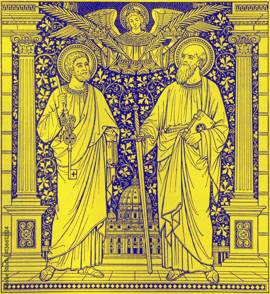 BRATISLAVA, SLOVAKIA, NOVEMBER - 21, 2016: The lithography of St. Peter and Paul in Missale Romanum by unknown artist with the initials F.M.S  (end of 19. cent.) and printed by Typis Friderici Pustet.