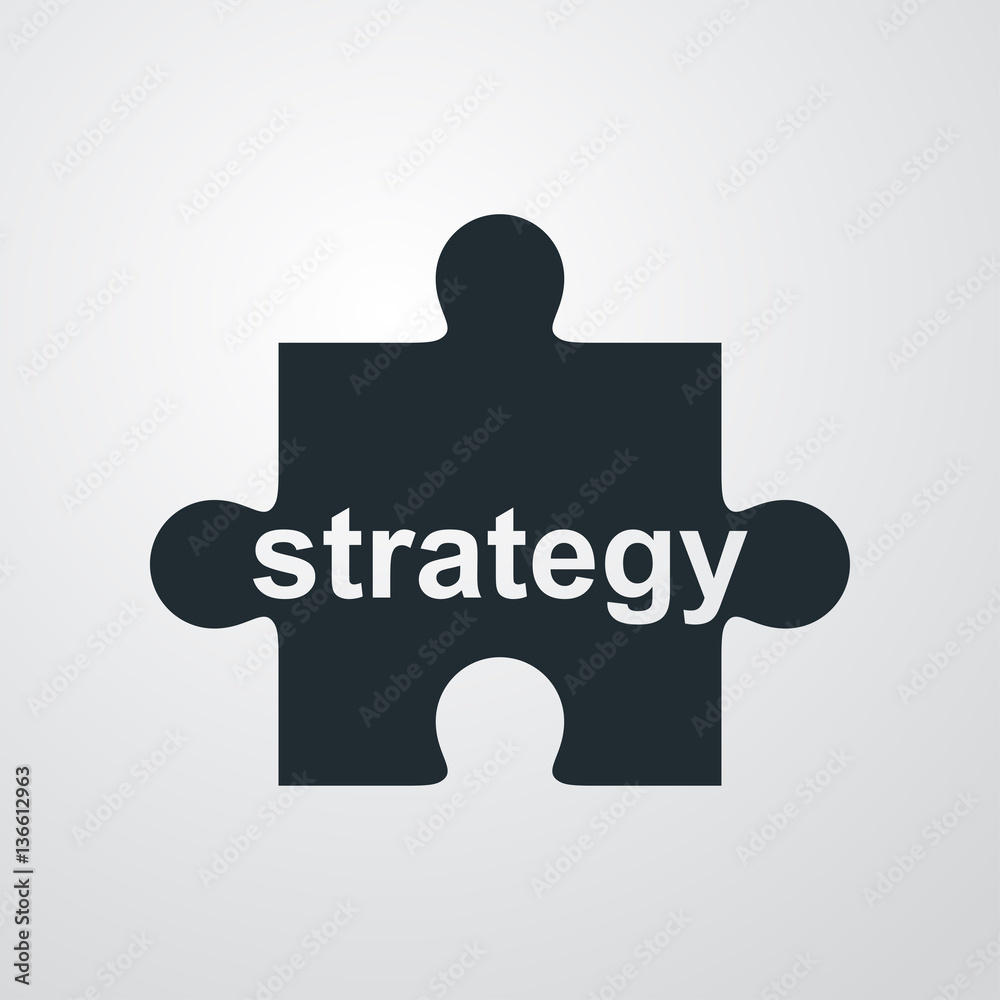 Icono plano puzzle texto strategy en fondo degradado