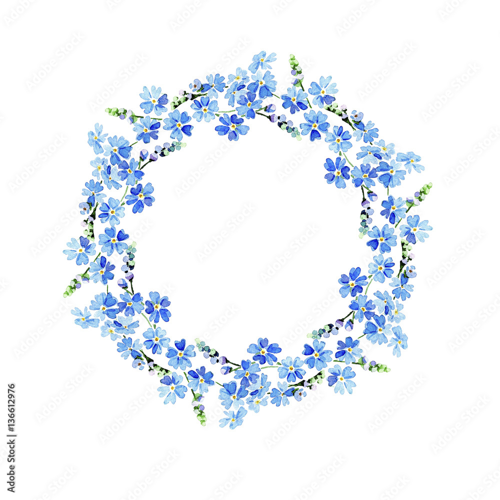 Forget-me-not watercolor flowers united in a circular frame. Hand painted watercolor
