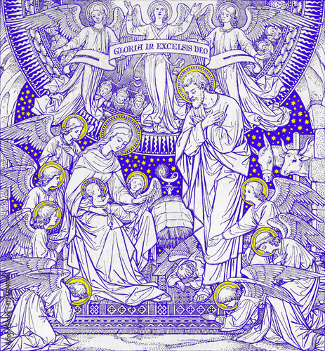 Photography BRATISLAVA, SLOVAKIA, NOVEMBER - 21, 2016: The lithography of Nativity in Missale Romanum by unknown artist with the initials F