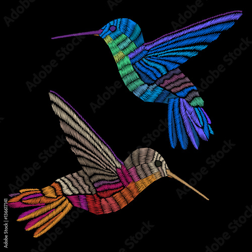 Hummingbirds embroidery. Embroidered bird. Vector decorative element for embroidery, patches and stickers