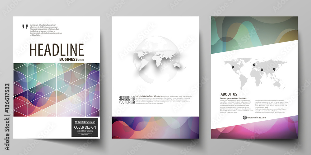 Business templates for brochure, magazine, flyer, booklet or annual report. Cover design template, flat vector layout in A4 size. Colorful pattern with overlapping shapes forming abstract background.