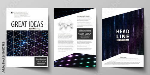 Business templates for brochure, magazine, flyer, booklet. Cover template, layout in A4 format. Abstract colorful neon dots, dotted background. Glowing particles, led light pattern, vector design.
