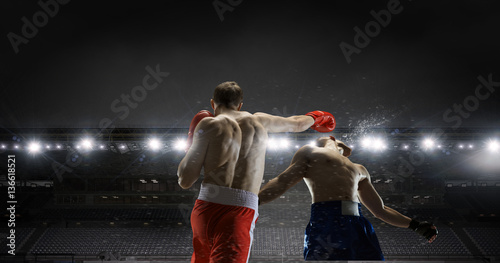 Two boxers fighting . Mixed media
