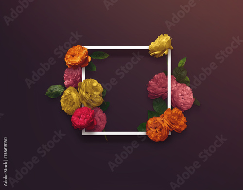 Floral Graphic Design. Frame with flowers and border. Fashion illustration on black and white background.