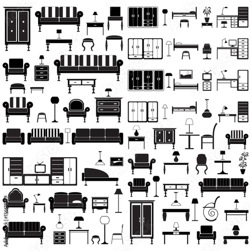 Home furniture icons set, isolated on white background, vector illustration.
