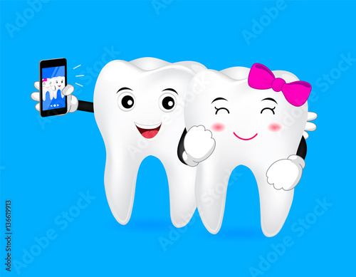 Happy cartoon tooth take photo by phone. Illustration,  great for dental care concept.