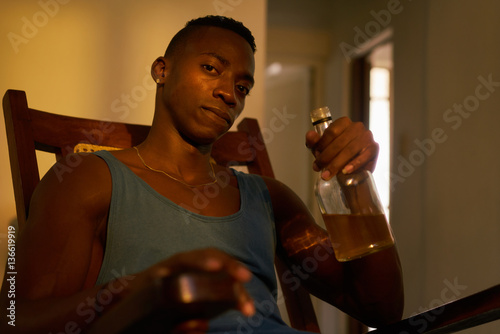Portrait Black Man Drinking Alcohol At Home Drunk Husband