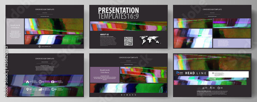 Business templates in HD format for presentation slides. Abstract vector layouts in flat design. Glitched background made of colorful pixel mosaic. Digital decay  signal error  television fail.