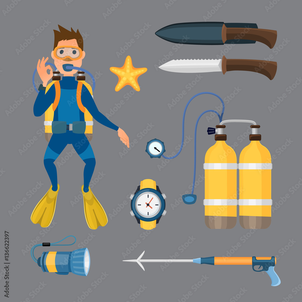 Spearfishing diving equipment vector set. Spearfishing diving equipment vector set.