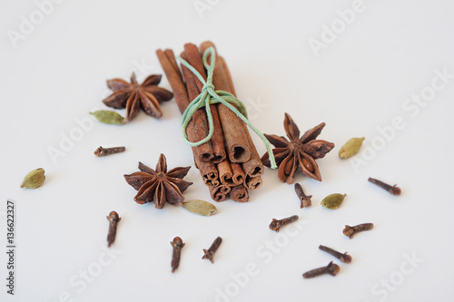 Set of cinnamon, clove and star anise on white background. Close up