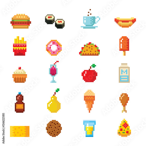 Pixel art food computer design icons vector.