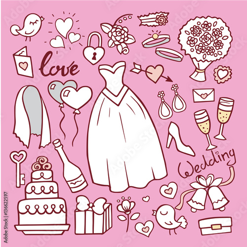Wedding fashion bride dress doodle style vector illustration.