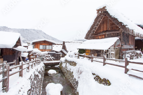 World Heritage Site Shirakawago village with snow in winter