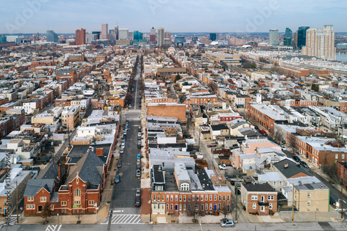 Aerial view of the Federal Hill neighborhood, in Baltimore, Mary