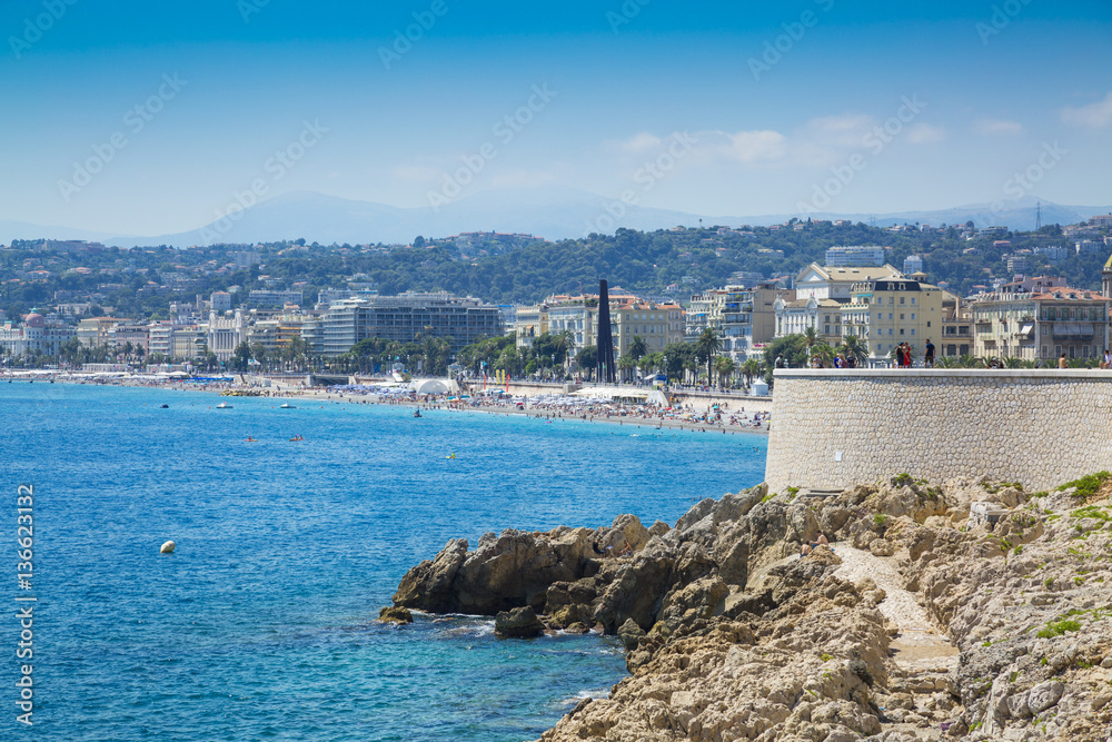 Rocky coast on the Mediterranean Sea in Nice
