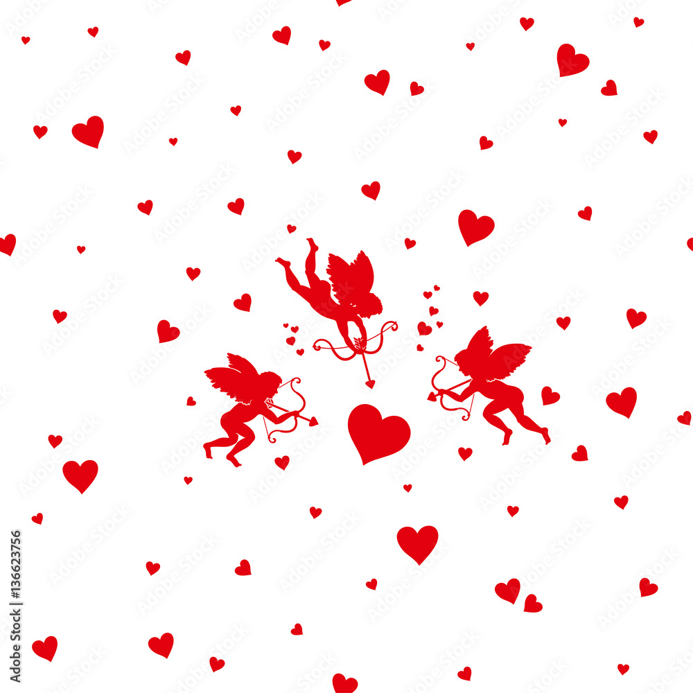 Card Happy Valentine's Day. Vector silhouette three Cupid to aim at target big red heart. It can be used as seamless pattern.