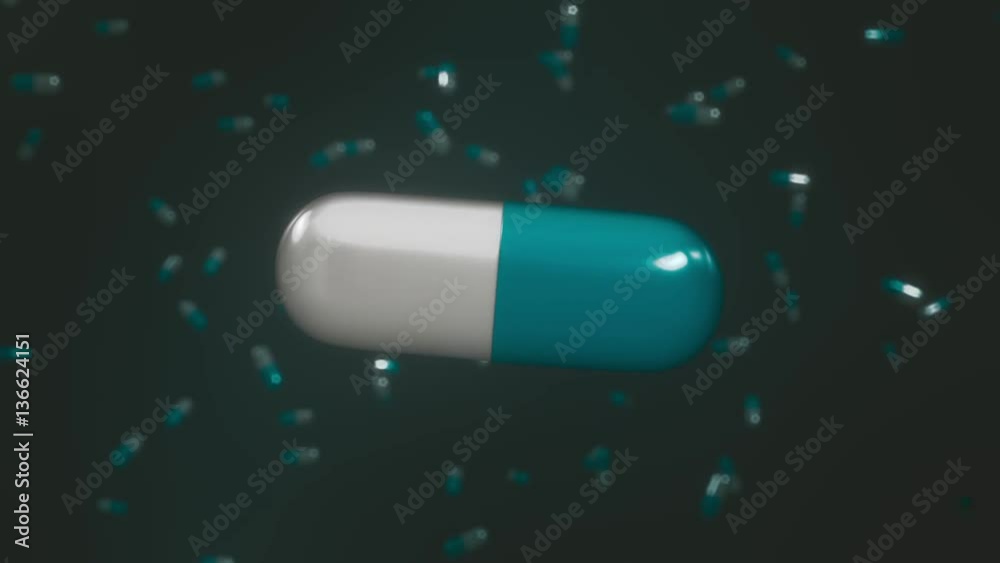 Blue and white capsule pill floating in empty black space. This video is a 3d animation and loops seamlessly.
Blue and white capsule pill floating in empty black space. This video is a 3d animation and loops seamlessly.