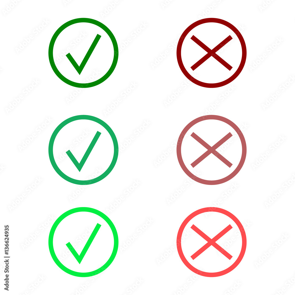 Tick icon set. Stylish check mark icon set in green and red color, vector Tick icon set. Stylish check mark icon set in green and red color, vector