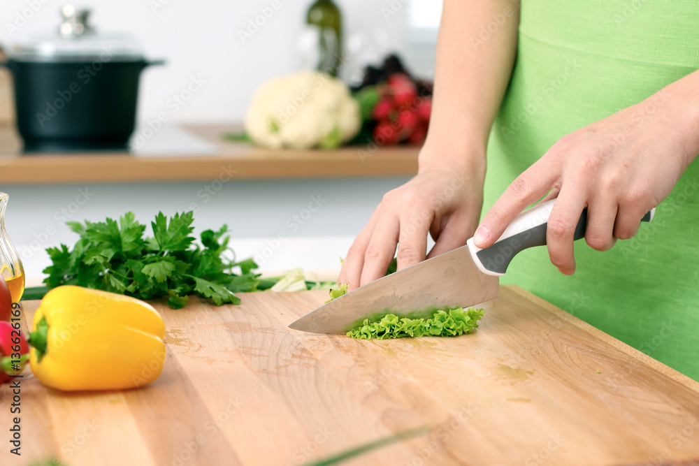 Close up of woman's hands cooking in the kitchen. Housewife slicing white bread. Vegetarian and healthily cooking concept Close up of woman's hands cooking in the kitchen. Housewife slicing white bread. Vegetarian and healthily cooking concept