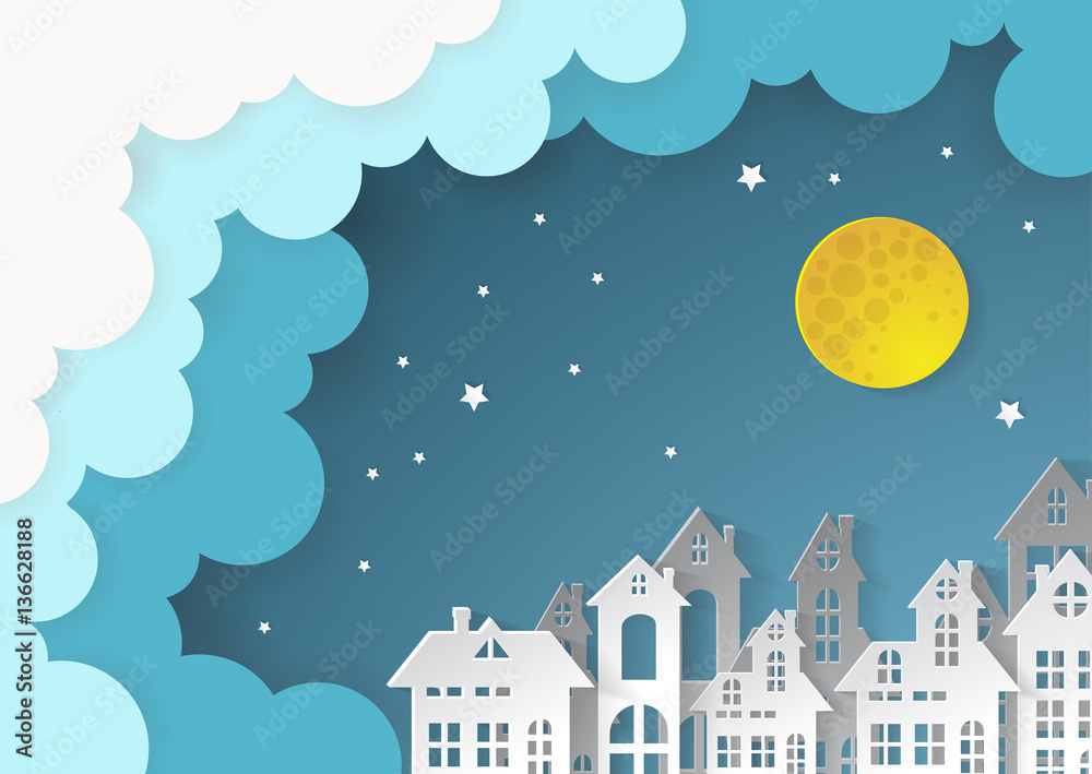 City Village with full moon and urban.paper art style
