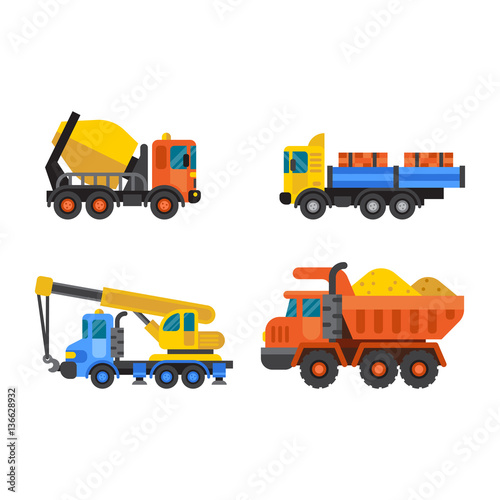 Tipper truck and construction crane industry vector illustration.